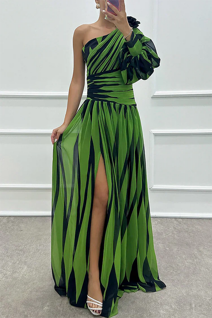 Bonnie Elegant Striped One Shoulder Maxi Dress