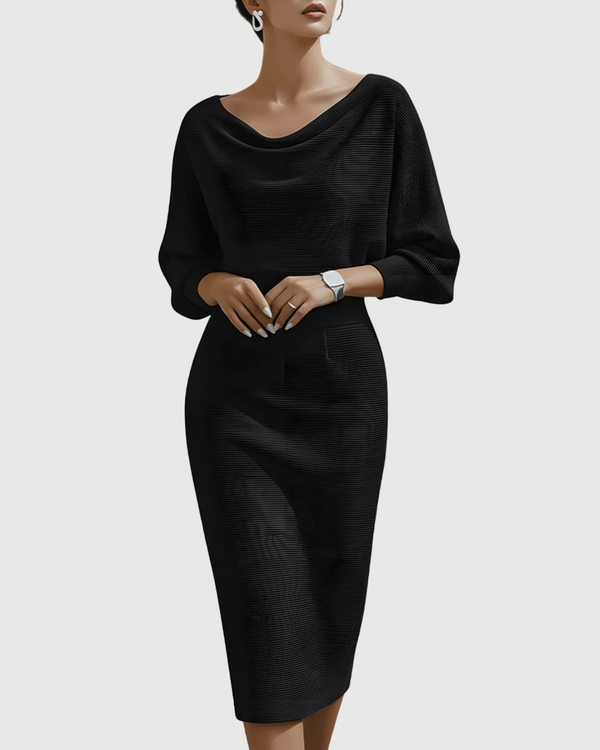 modern black mock neck split sleeve midi dress Black Round Neck Long Sleeve Split Hem Midi Dress