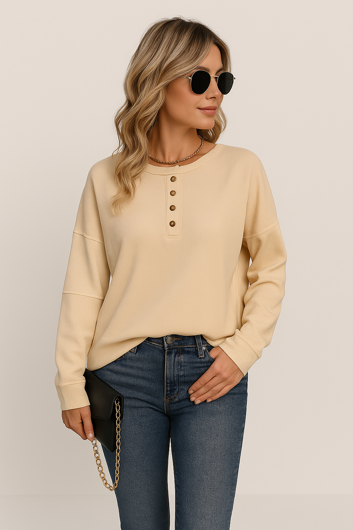 Maren Waffle Knit Button Detail Long Sleeve Top