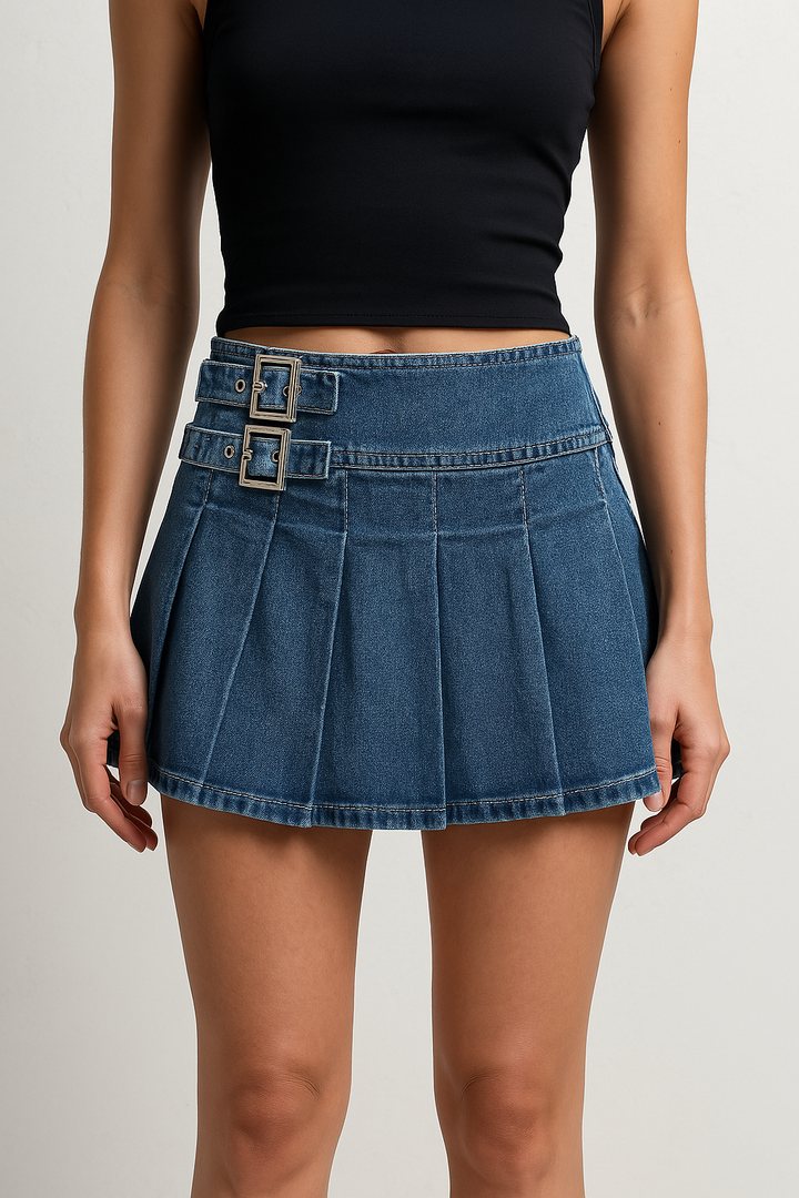 Violetta Buckle Detail Pleated Denim Mini Skirt