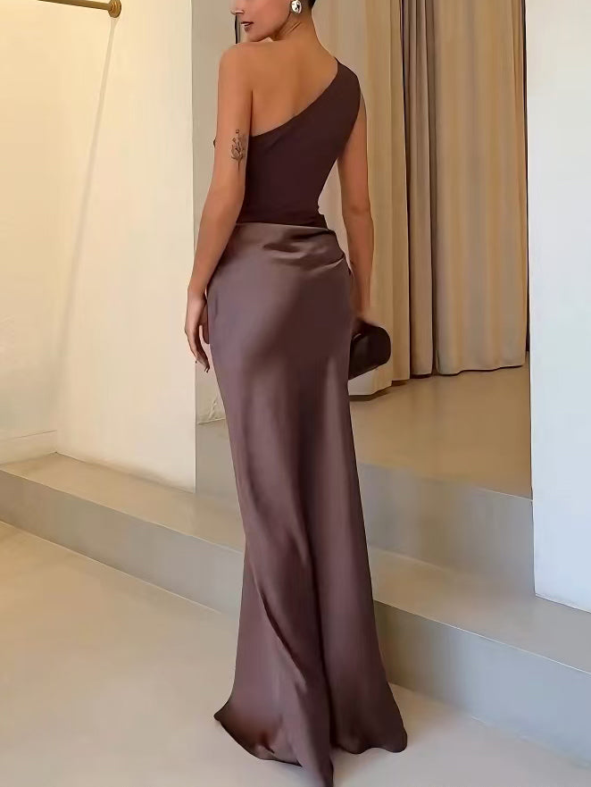 Anita Elegant One Shoulder Neck Pleated Party Maxi Dress