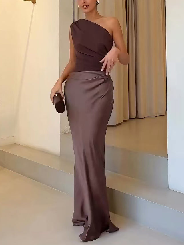 Anita Elegant One Shoulder Neck Pleated Party Maxi Dress