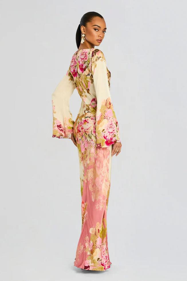 Marielle Floral Bell Sleeve Evening Gown