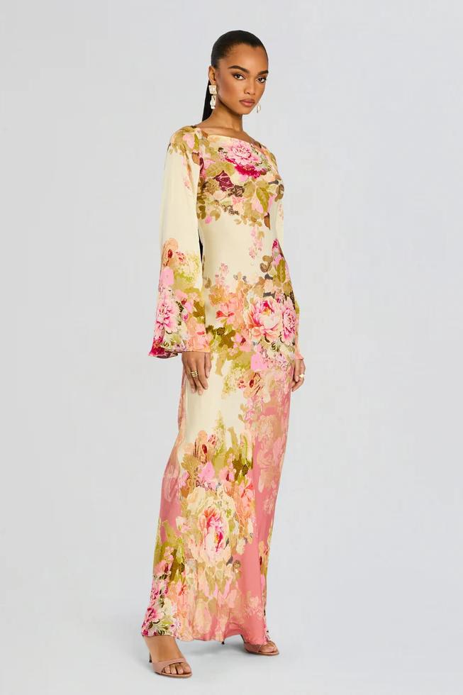 Marielle Floral Bell Sleeve Evening Gown