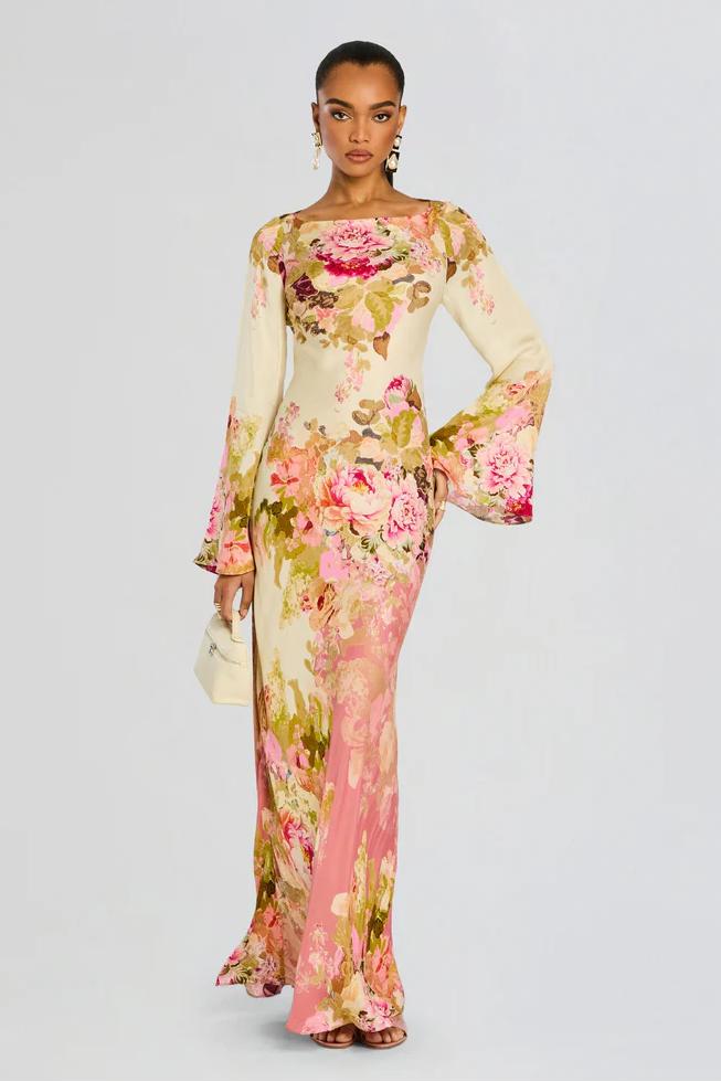 Marielle Floral Bell Sleeve Evening Gown