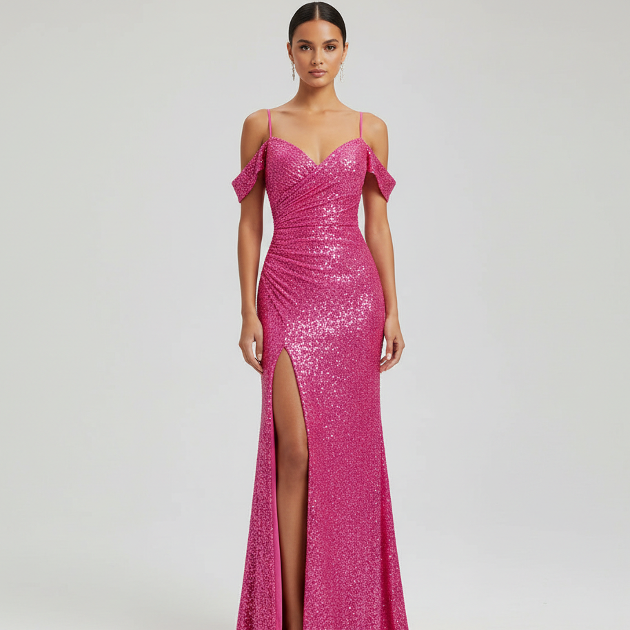 Fiora Off-Shoulder Sequined Formal Evening Gown Maxi Dress