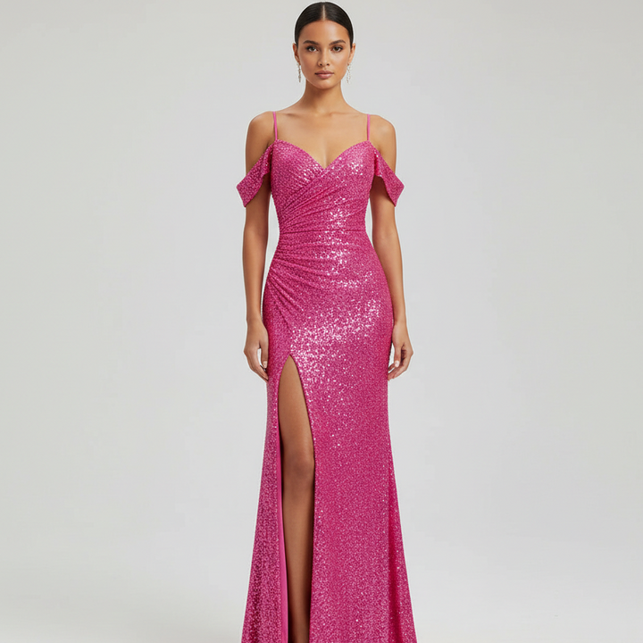 Fiora Off-Shoulder Sequined Formal Evening Gown Maxi Dress