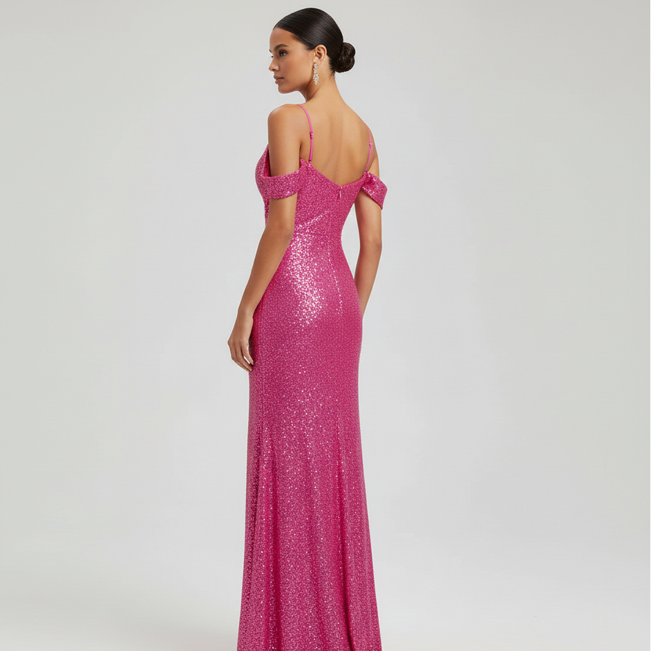 Fiora Off-Shoulder Sequined Formal Evening Gown Maxi Dress