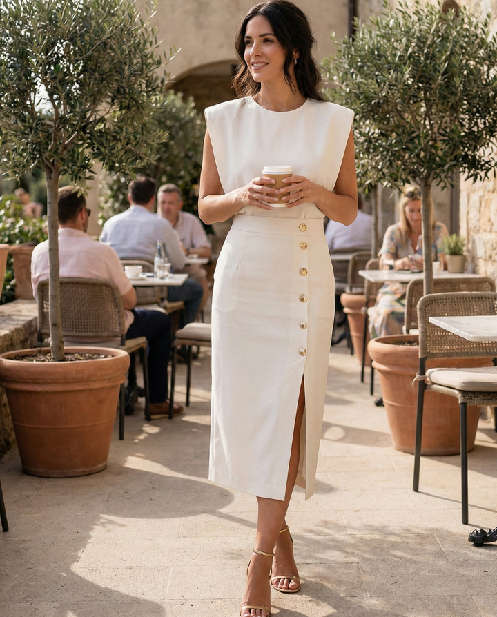 Elara Button Detail Side Slit Midi Dress