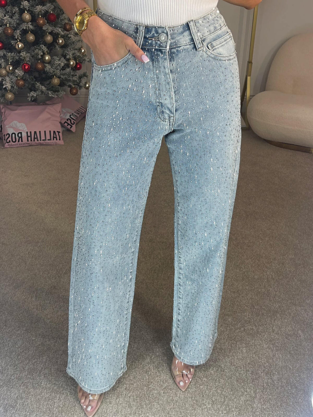 Linora High Waist Diamanté Straight Jeans