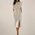 Elara Button Detail Side Slit Midi Dress