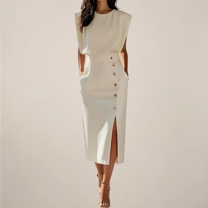 Elara Button Detail Side Slit Midi Dress