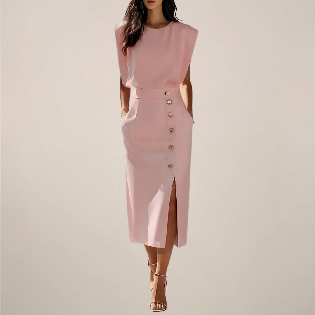 Elara Button Detail Side Slit Midi Dress
