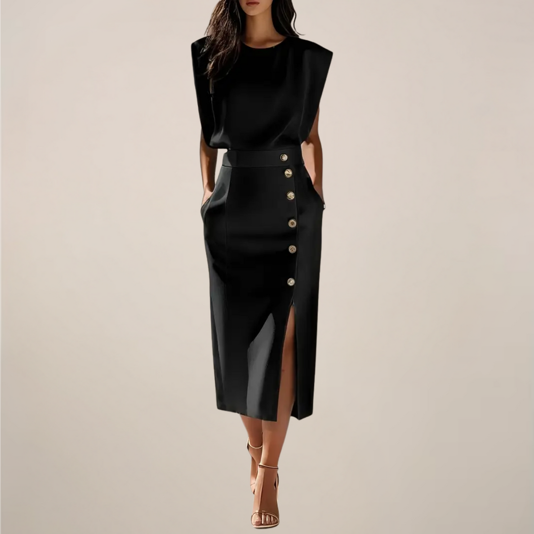 Elara Button Detail Side Slit Midi Dress