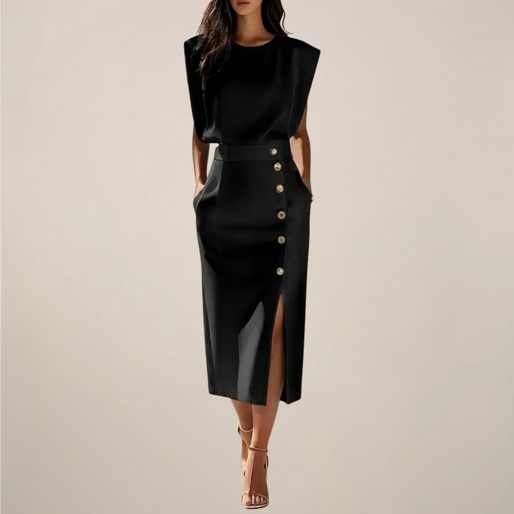 Elara Button Detail Side Slit Midi Dress