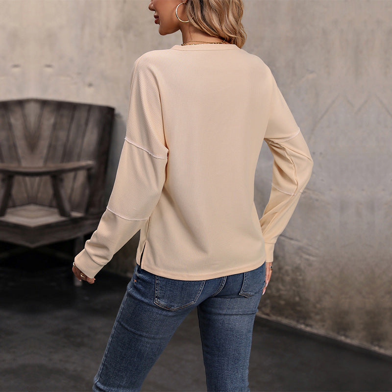 Maren Waffle Knit Button Detail Long Sleeve Top