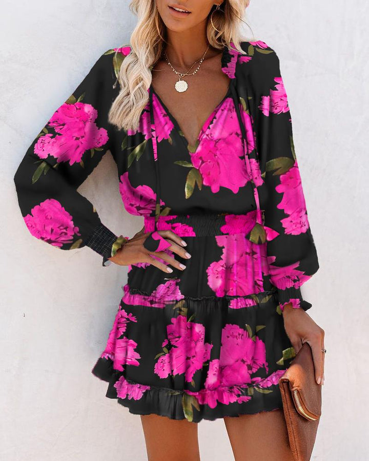 Bold Floral Mini Dress with Tiered Skirt