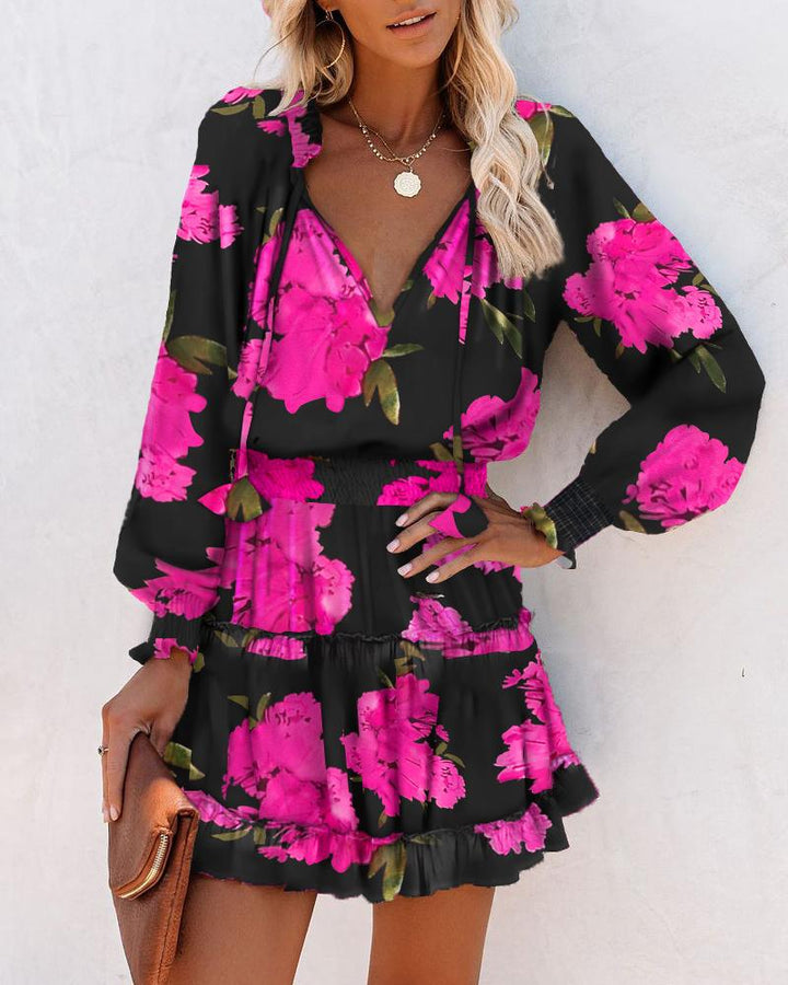 Bold Floral Mini Dress with Tiered Skirt