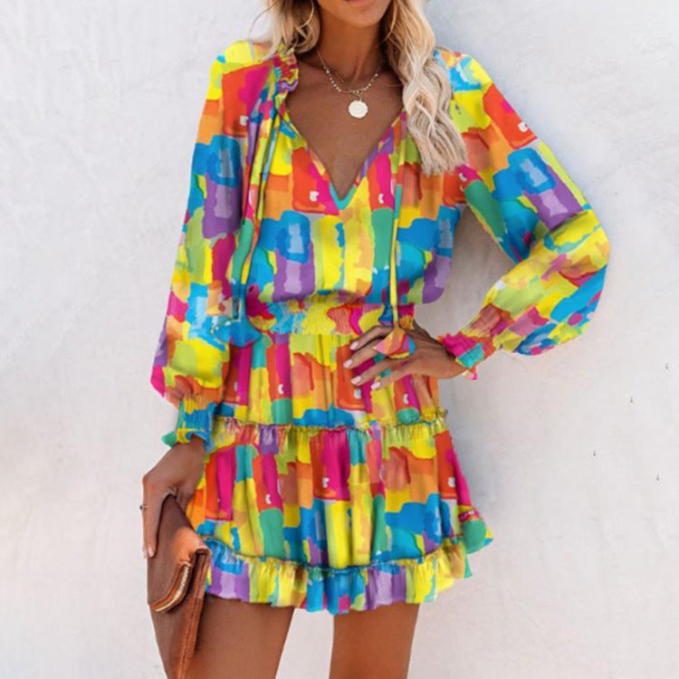 Bold Floral Mini Dress with Tiered Skirt