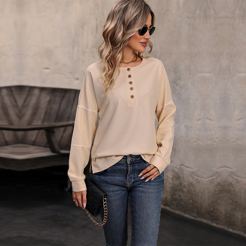 Maren Waffle Knit Button Detail Long Sleeve Top