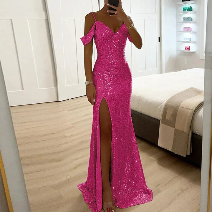 Fiora Off-Shoulder Sequined Formal Evening Gown Maxi Dress