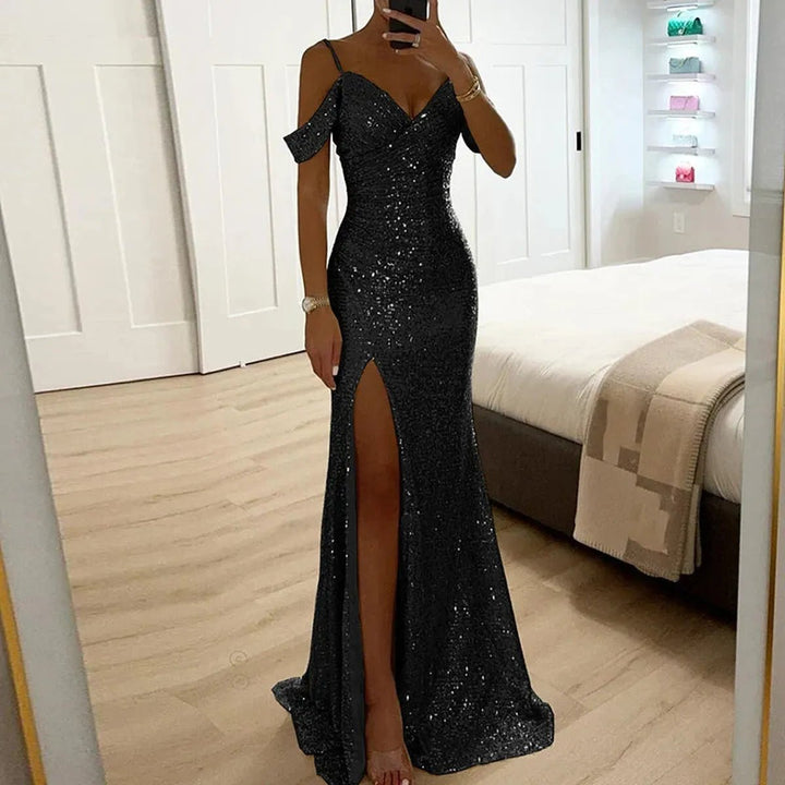 Fiora Off-Shoulder Sequined Formal Evening Gown Maxi Dress