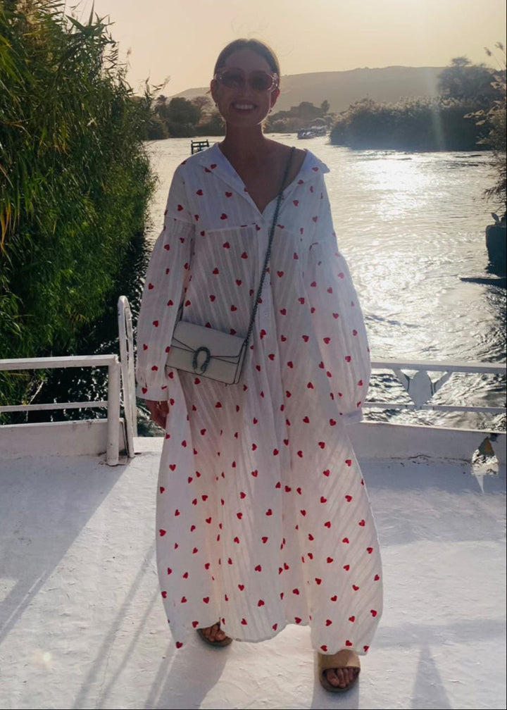Rosaline Heart Embroidered Maxi Shirt Dress