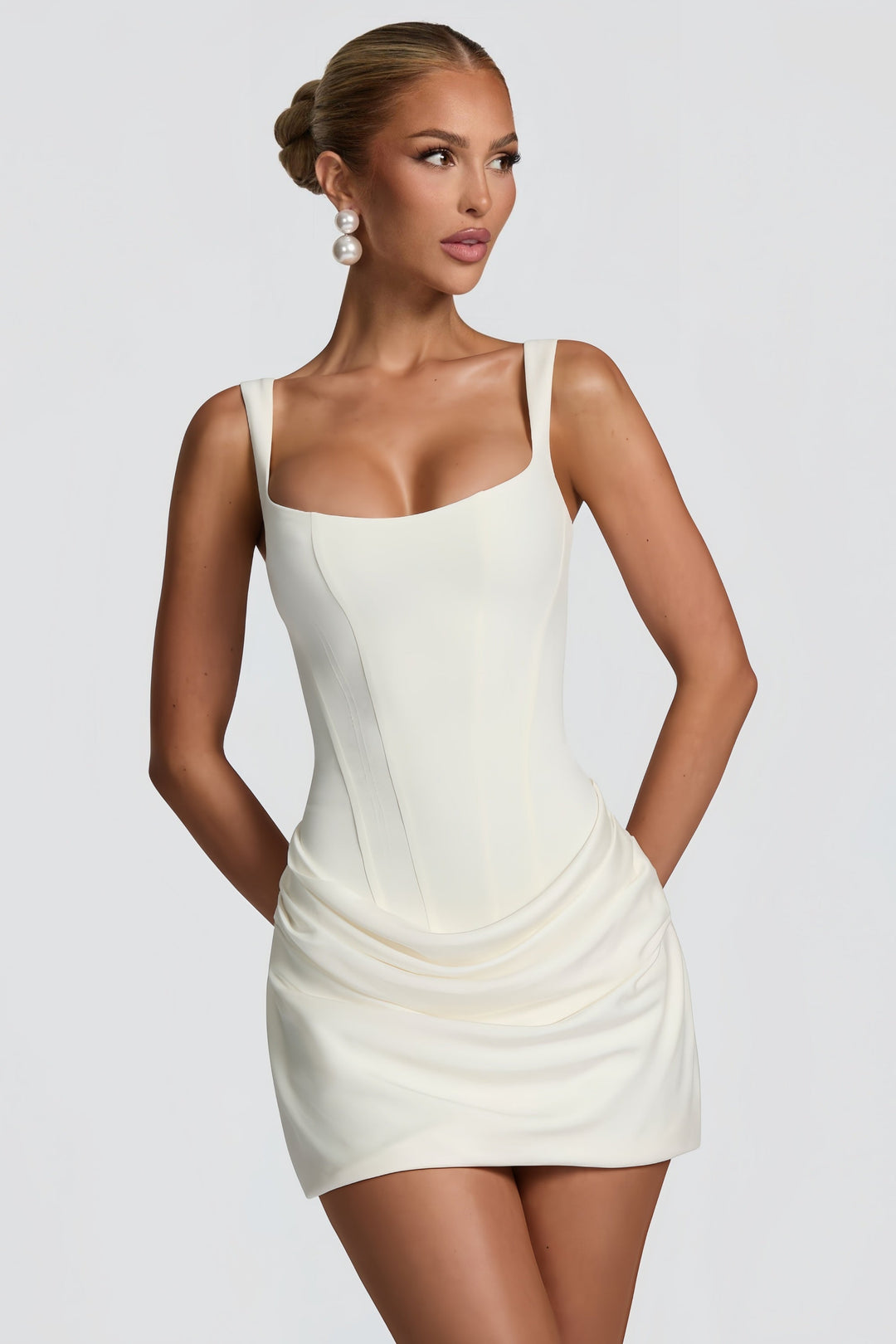 Elara Ruched White Bodycon Party Mini Dress