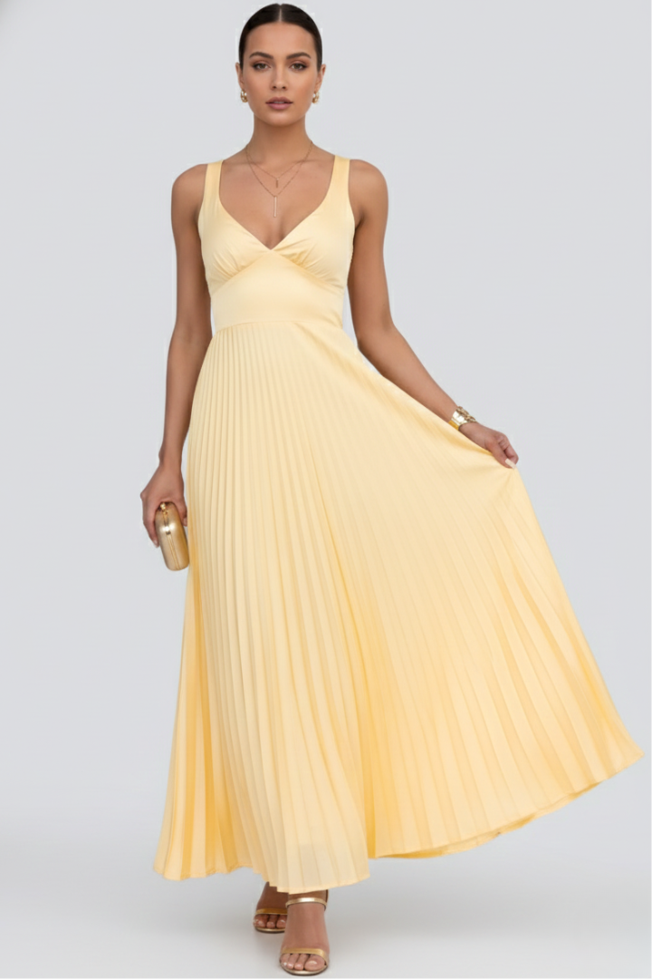 Sophia Women’s V-Neck Pleated Skirt Maxi Dress