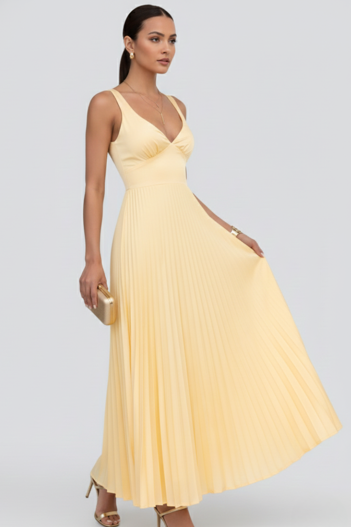 Sophia Women’s V-Neck Pleated Skirt Maxi Dress