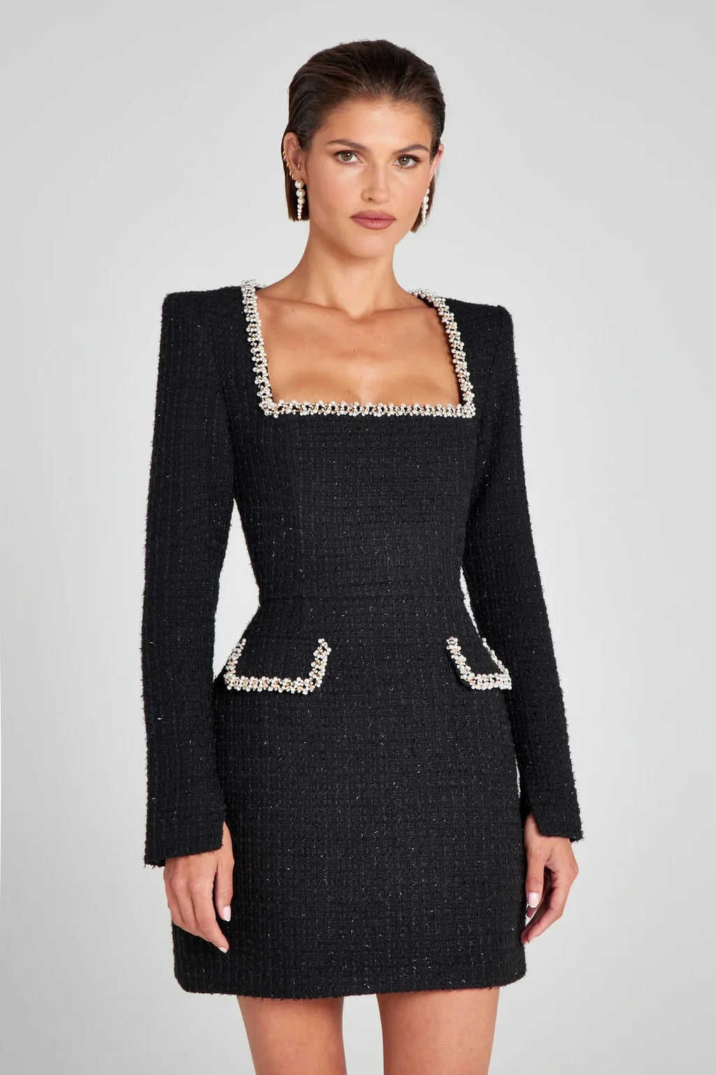 Monaco Lacceti Women's Tweed Pearl Trim Blazer Mini Dress