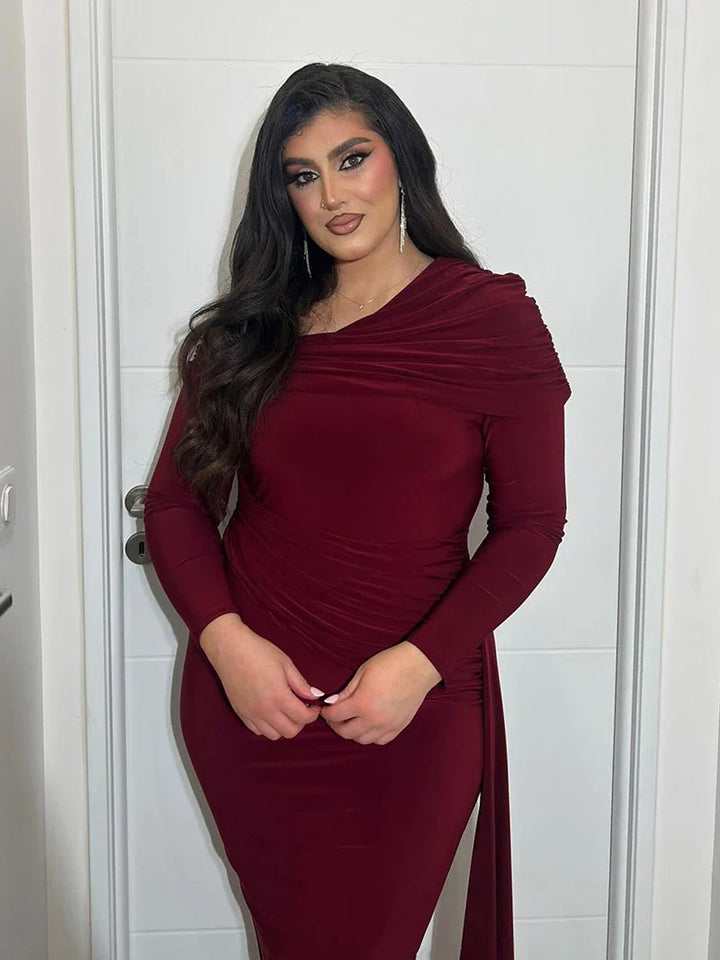 Evangeline Off-Shoulder Ruched Evening Gown