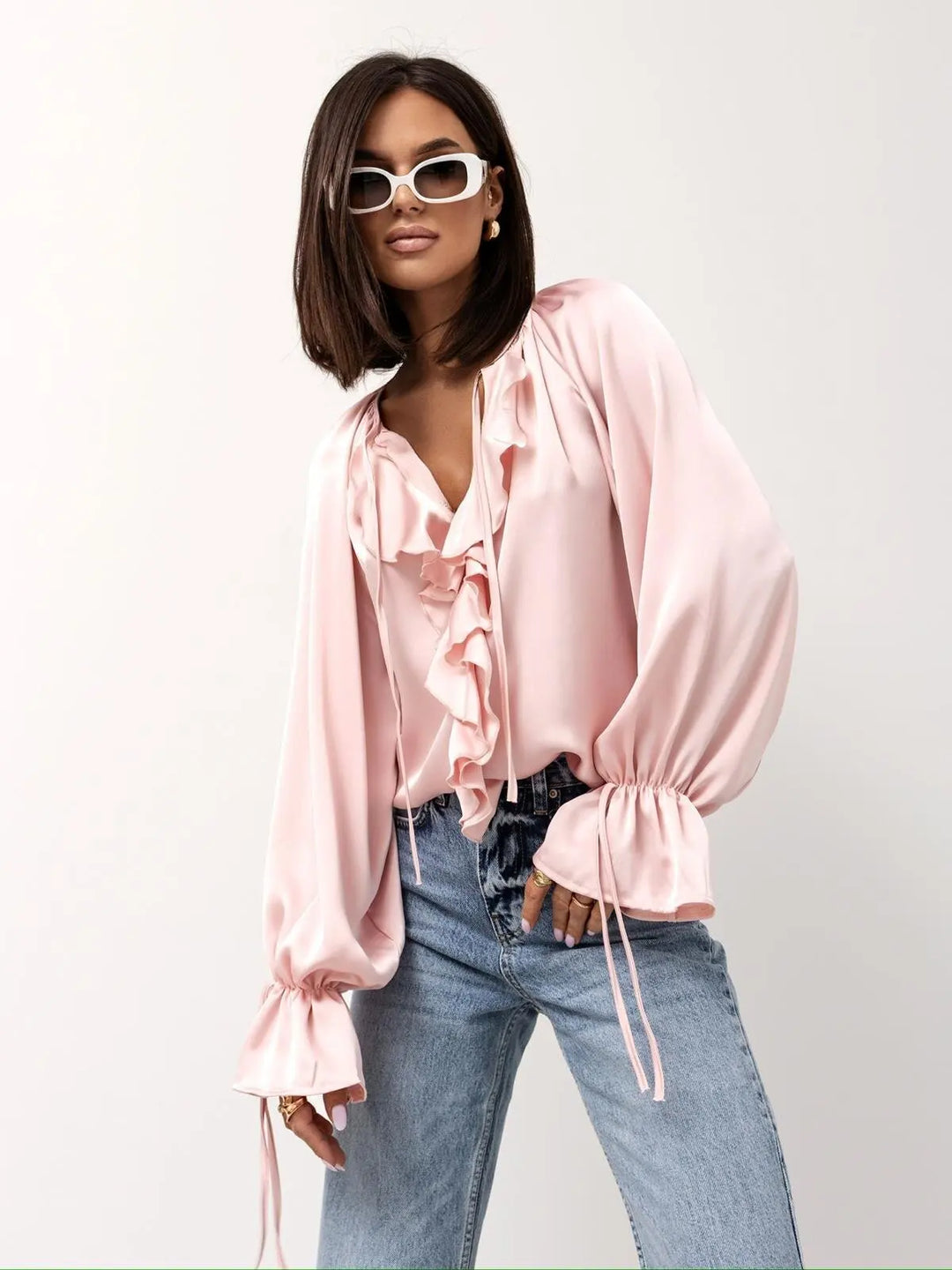 Serelina Satin Ruffle Tie Blouse