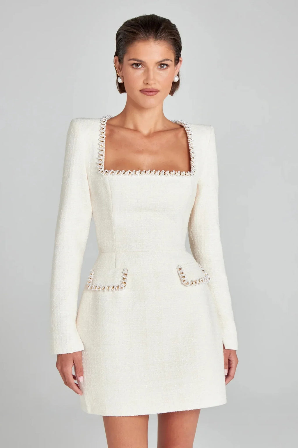 Monaco Lacceti Women's Tweed Pearl Trim Blazer Mini Dress