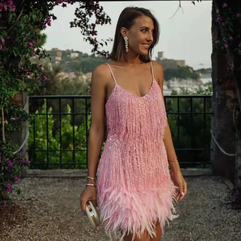 Claudia Fringe Feather Cocktail Dress