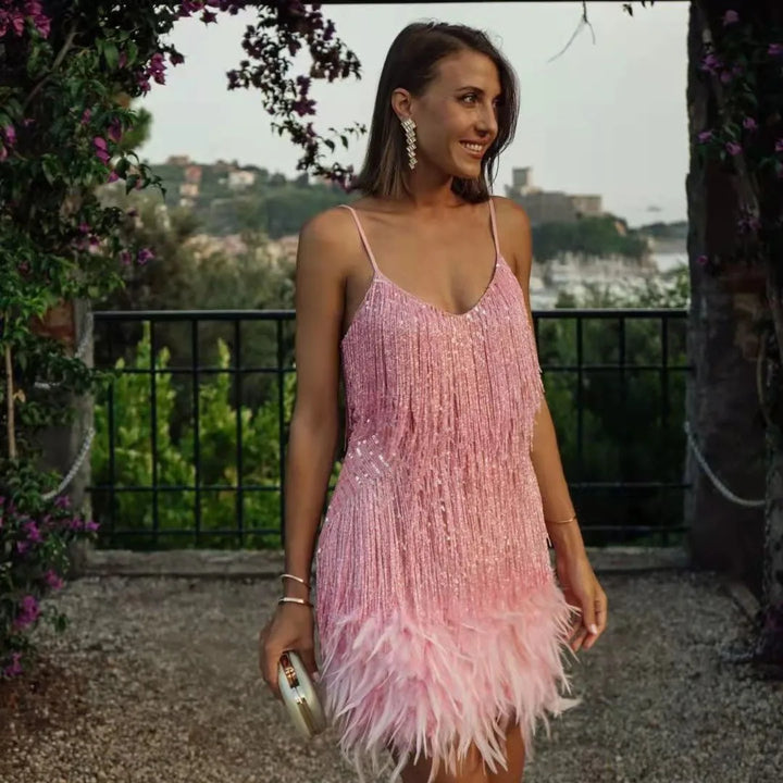 Claudia Fringe Feather Cocktail Dress