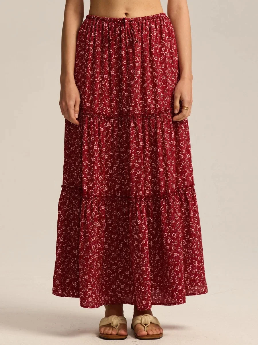 Elarie Floral Drawstring Maxi Skirt