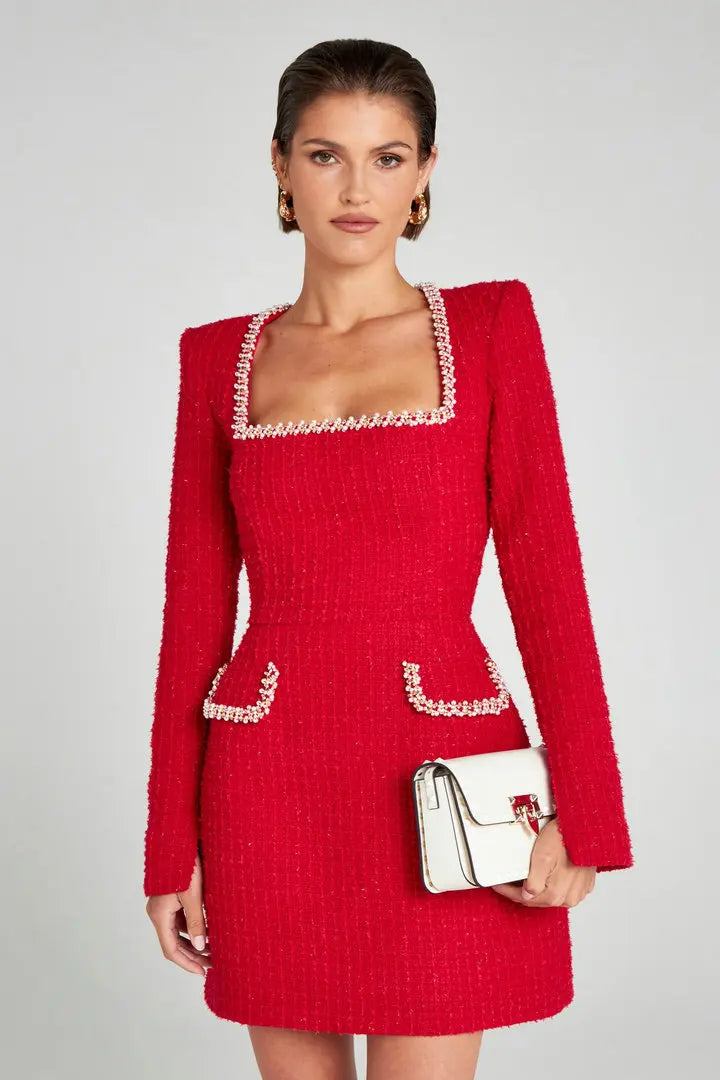 Monaco Lacceti Women's Tweed Pearl Trim Blazer Mini Dress