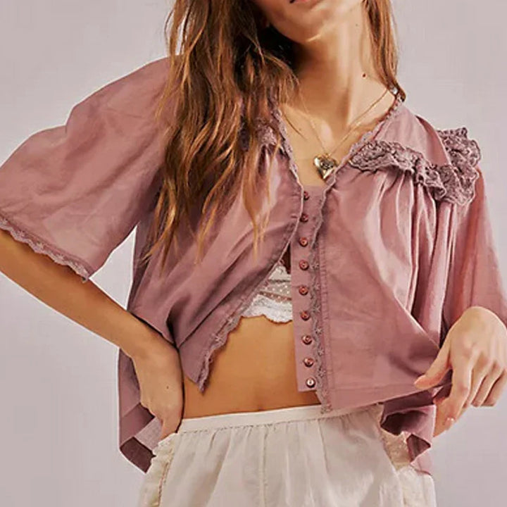 Elowira Lace Trim Ruffle Blouse