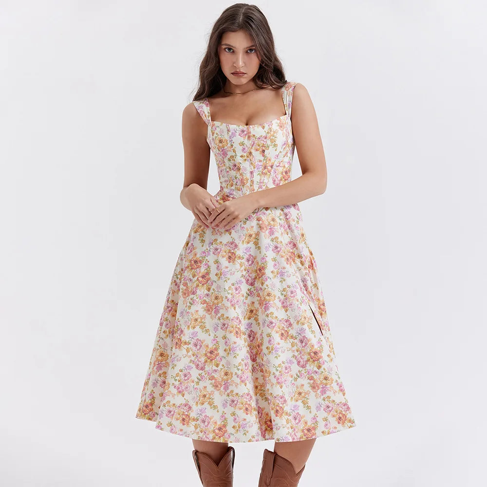 Meadow Muse Floral Corset Midi Dress
