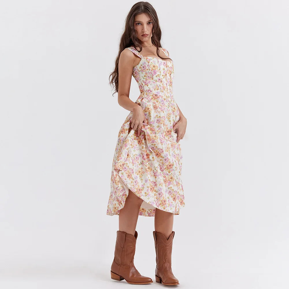Meadow Muse Floral Corset Midi Dress