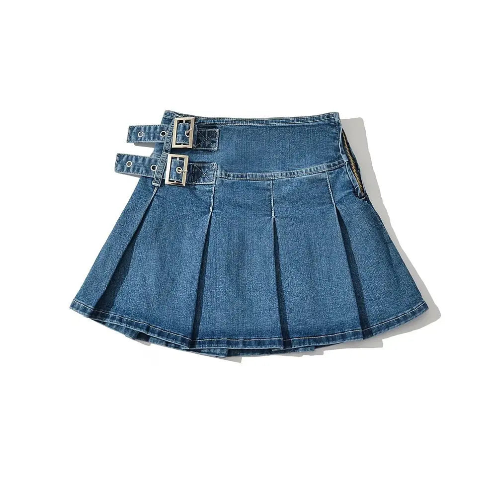 Violetta Buckle Detail Pleated Denim Mini Skirt