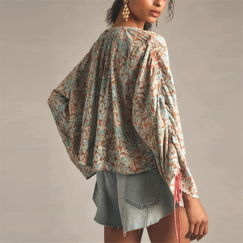 Solenne Boho Floral V Neck Blouse