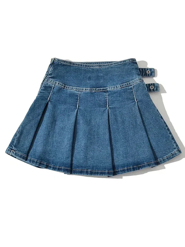 Violetta Buckle Detail Pleated Denim Mini Skirt