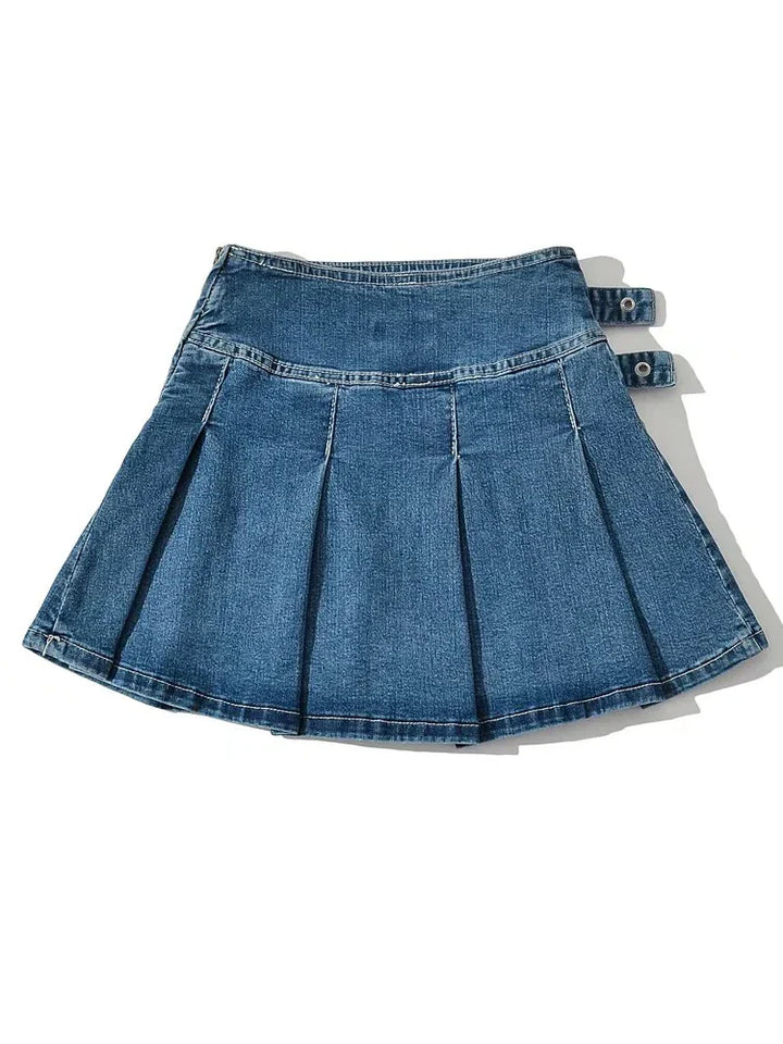 Violetta Buckle Detail Pleated Denim Mini Skirt