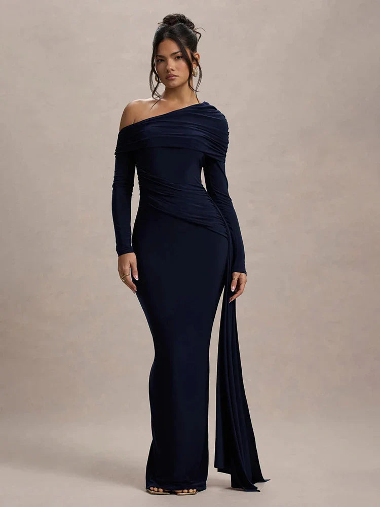 Evangeline Off-Shoulder Ruched Evening Gown