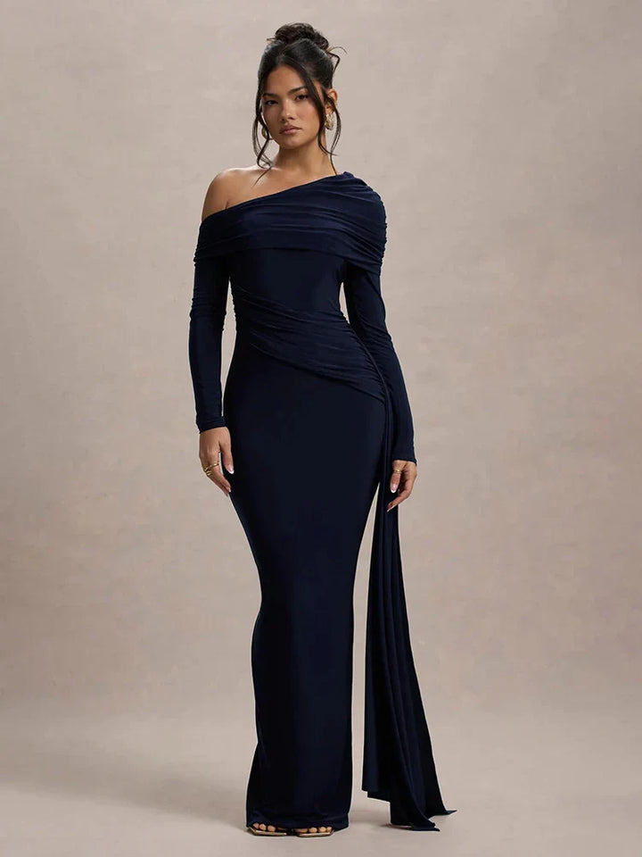 Evangeline Off-Shoulder Ruched Evening Gown