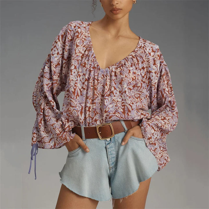 Solenne Boho Floral V Neck Blouse