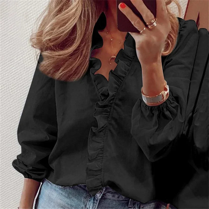 Elowette Ruffle Trim Balloon Sleeve Blouse