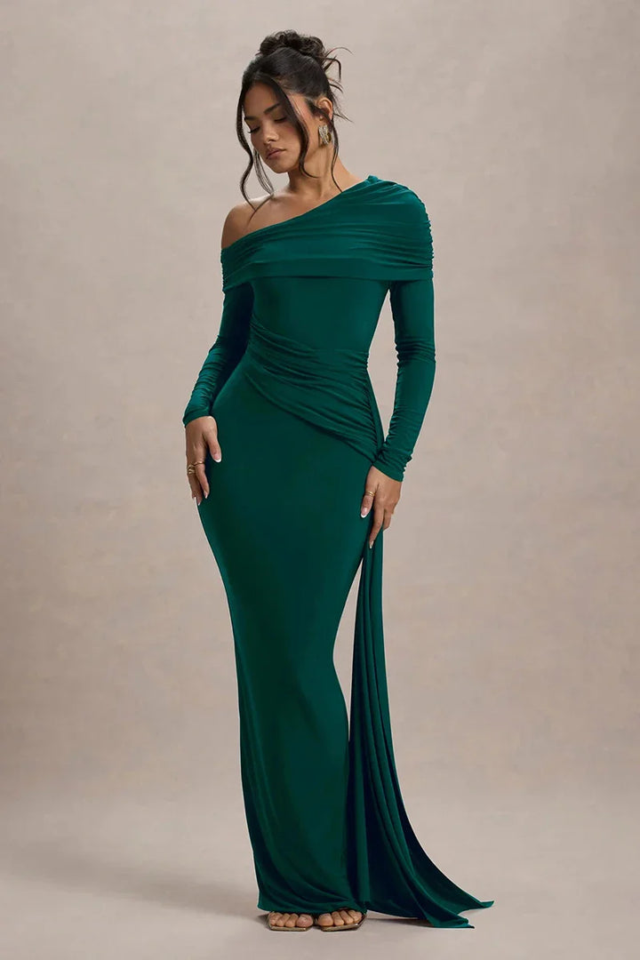 Evangeline Off-Shoulder Ruched Evening Gown